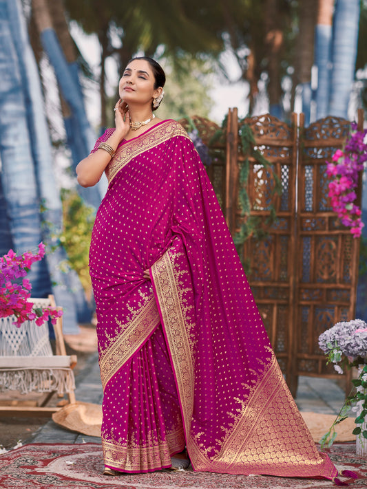 MANOHARI Banarasi Silk Blend Jacquard Work Saree - Pink