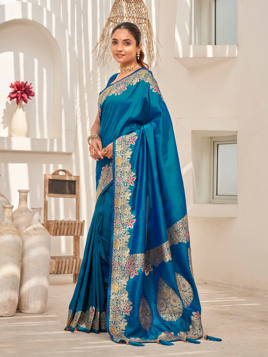 MANOHARI Banarasi Silk Blend Jacquard Work Saree - Blue