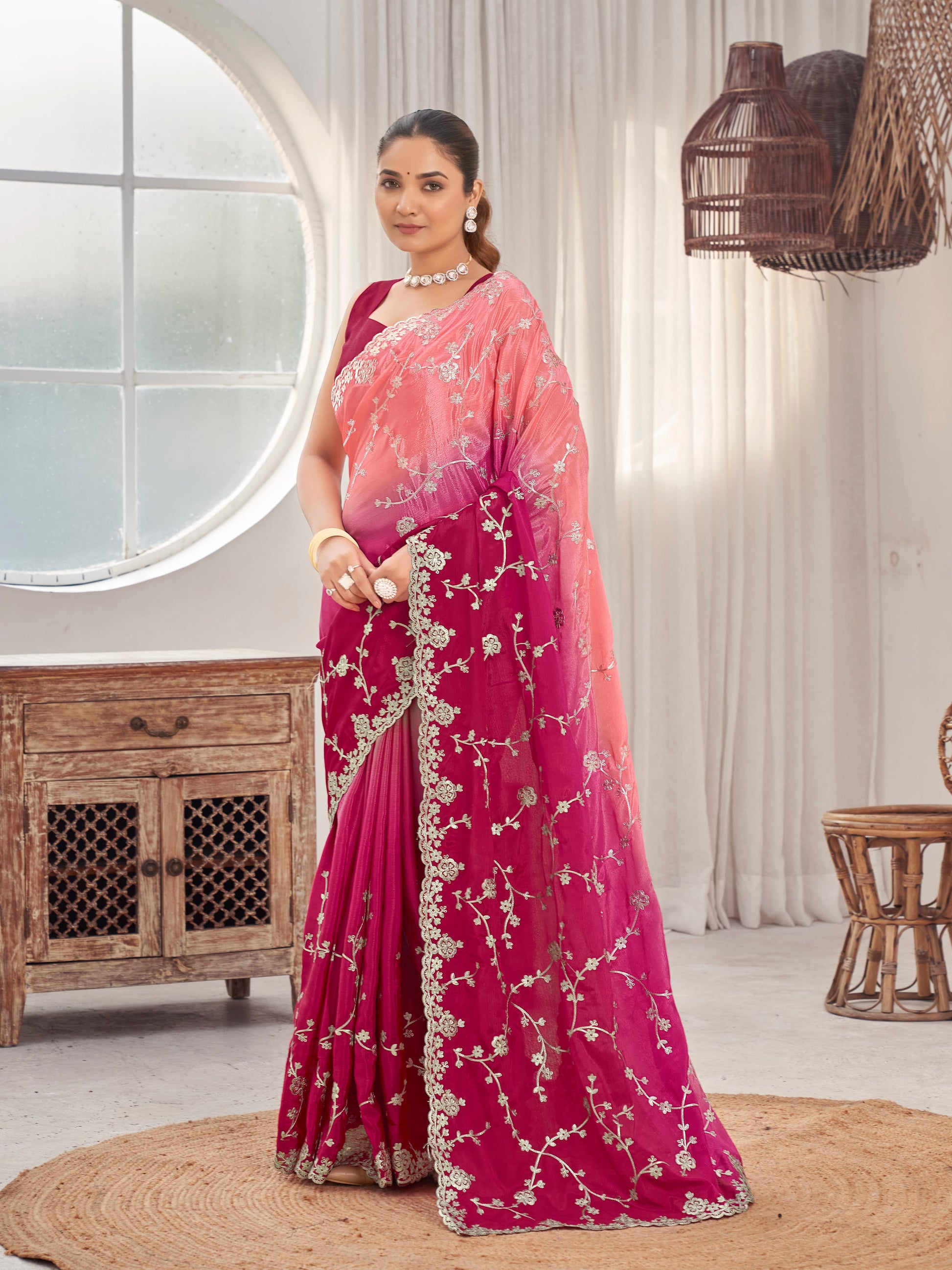 MANOHARI Georgette Embroidered Work Saree - Pink