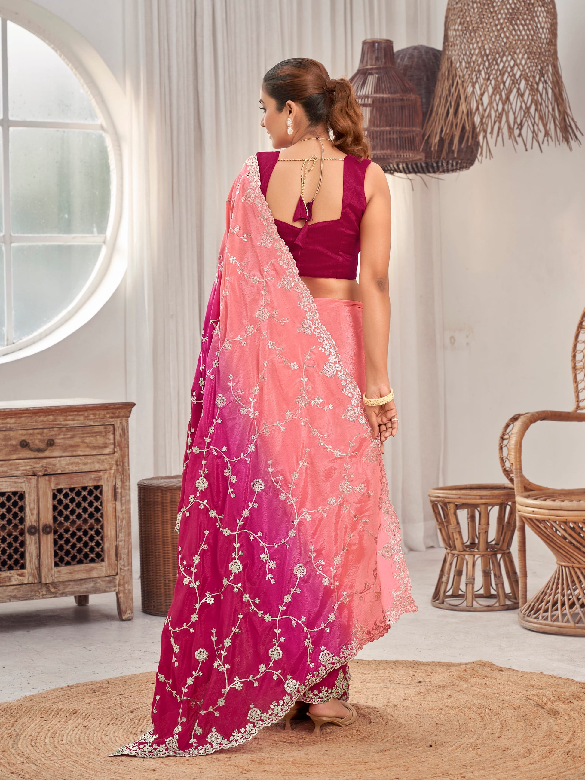 MANOHARI Georgette Embroidered Work Saree - Pink
