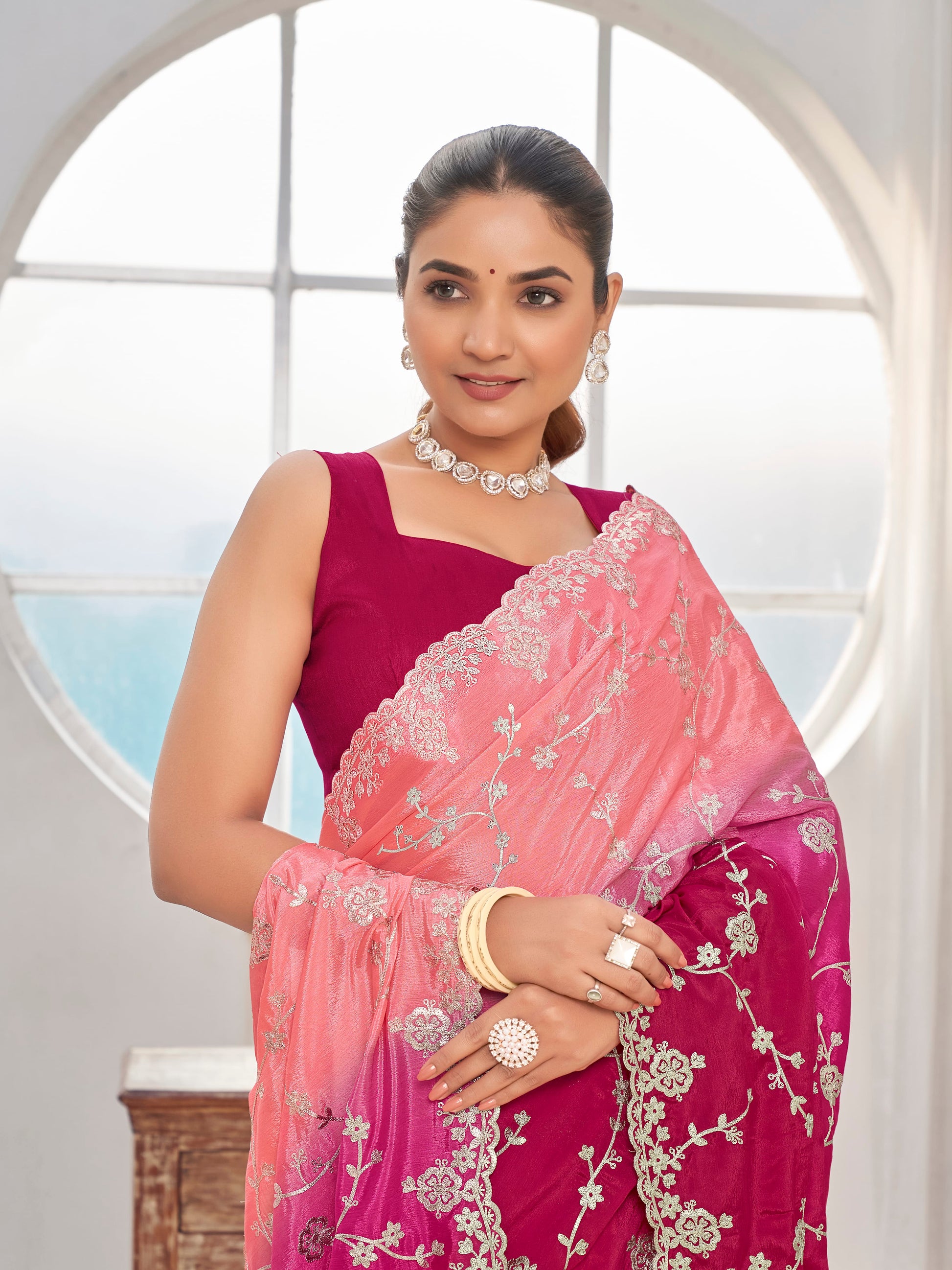 MANOHARI Georgette Embroidered Work Saree - Pink