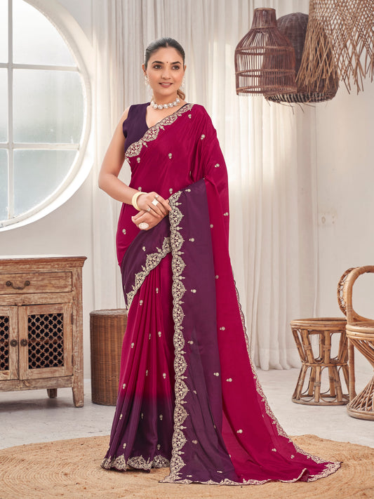 MANOHARI Georgette Embroidered Work Saree - Red