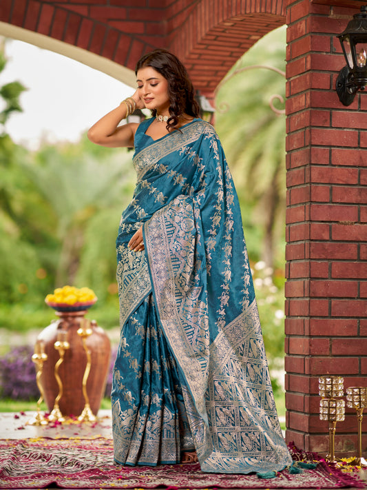 MANOHARI Banarasi Silk Blend Jacquard Work Saree - Blue