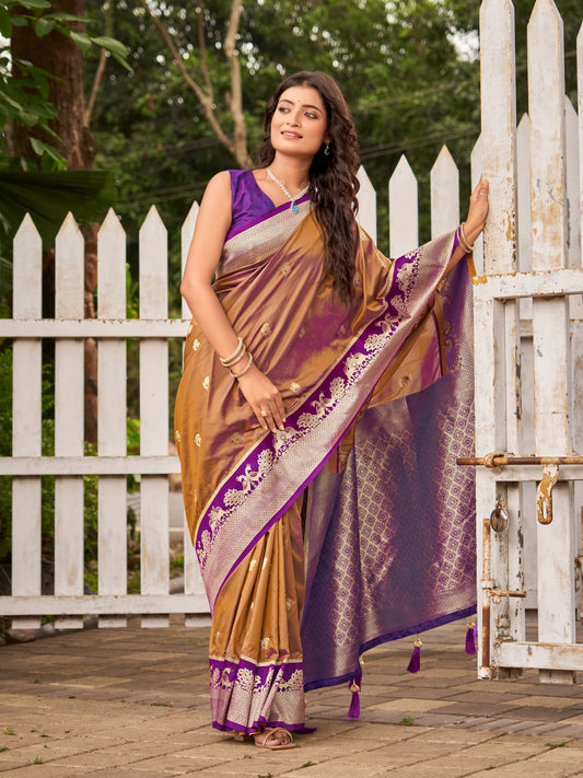 MANOHARI Banarasi Silk Blend Jacquard Work Saree - Brown