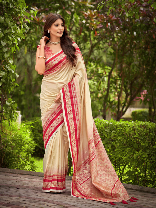 MANOHARI Banarasi Silk Blend Jacquard Work Saree - Beige