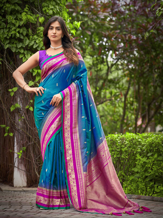 MANOHARI Banarasi Silk Blend Jacquard Work Saree - Blue