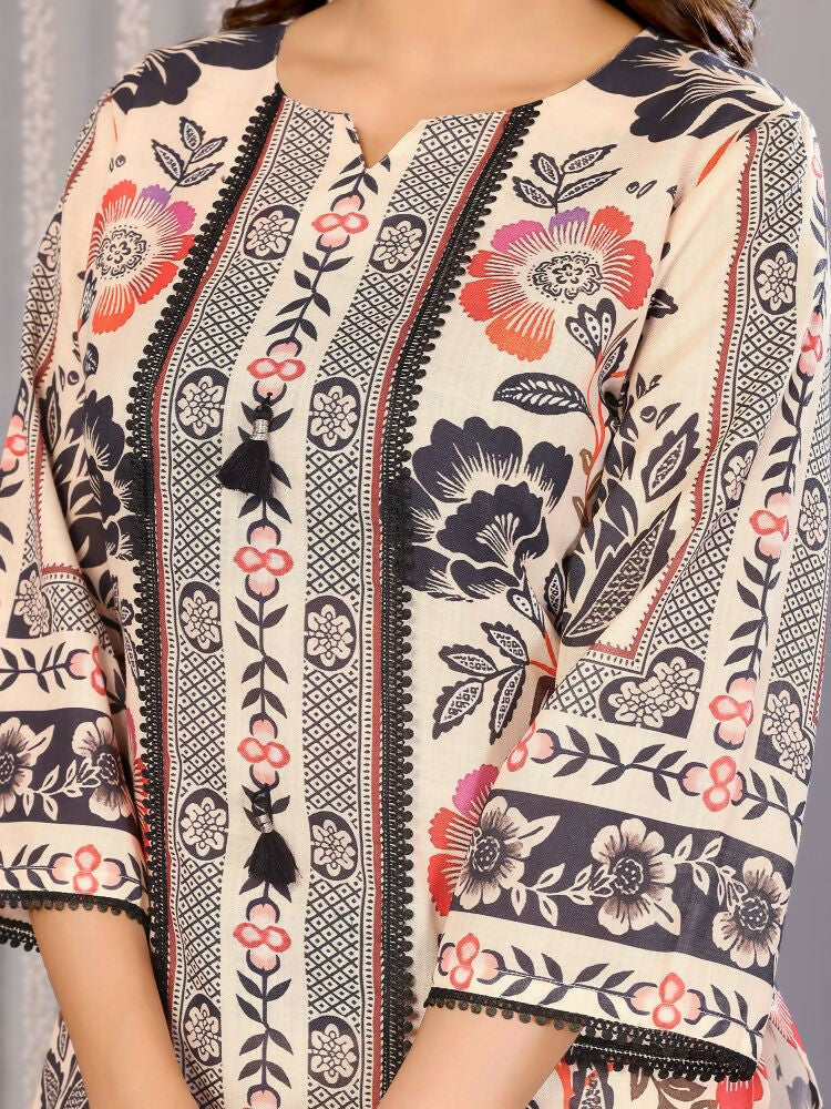 Joban Fashion Women Cream Linen Printed Stitched Kurta Set
