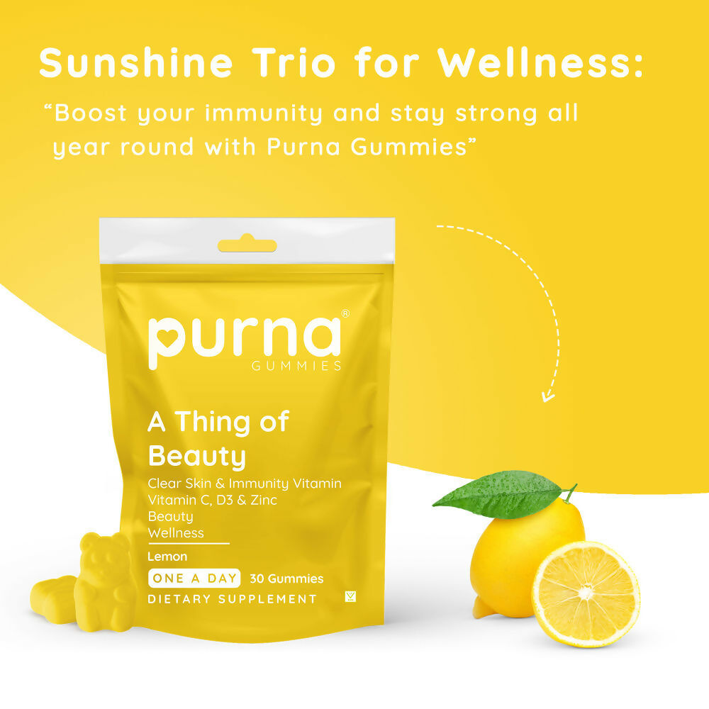 Purna Gummies Vitamin C Lemon Gummies with Vitamin D3, and Zinc for Immunity & Clear Skin 