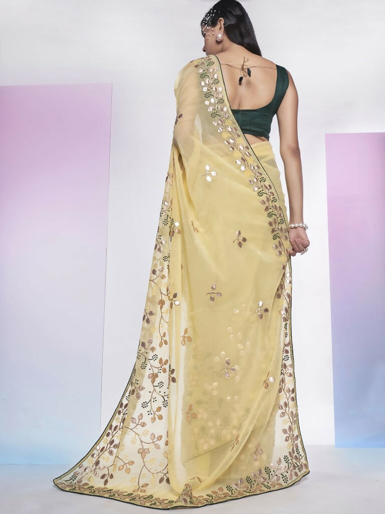 Cream Simmar Heavy Gotta Embroidery Work Saree with Unstitched Blouse - Vandini