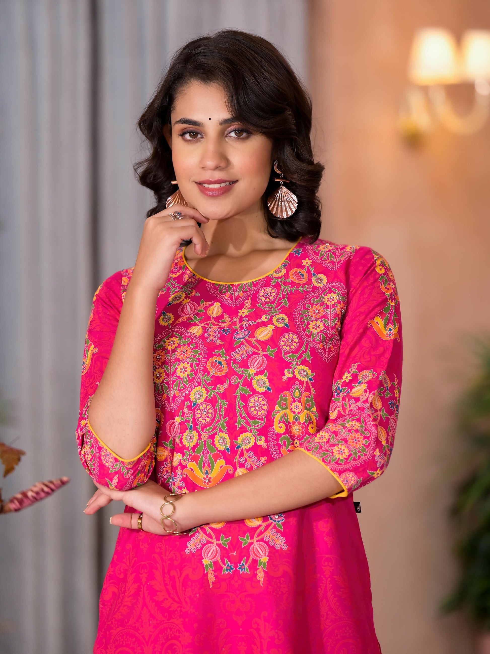 Juniper Women's Pink Thread Embroidered Liva Rayon Kurta Pant And Dupatta Set With Sequins Beads & Lace
