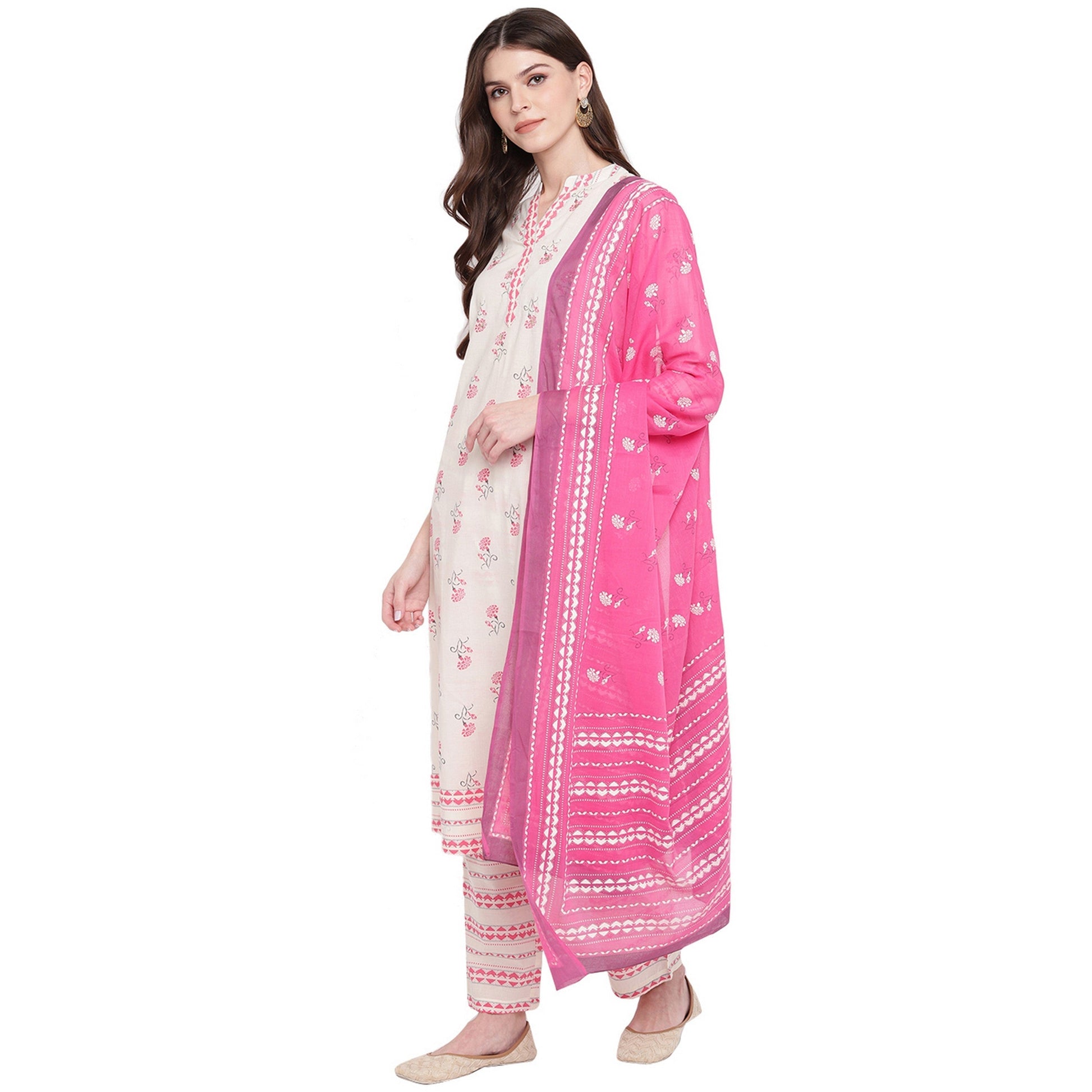 NOZ2TOZ Women White cotton kurta With palazzo & Dupatta (3 Pc Set) 