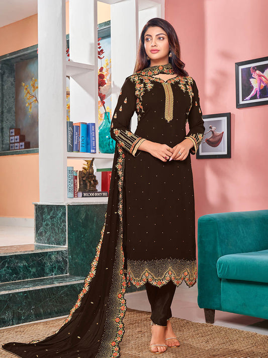 Myra Brown Heavy Faux Georgette Embroidered Churidar Suit