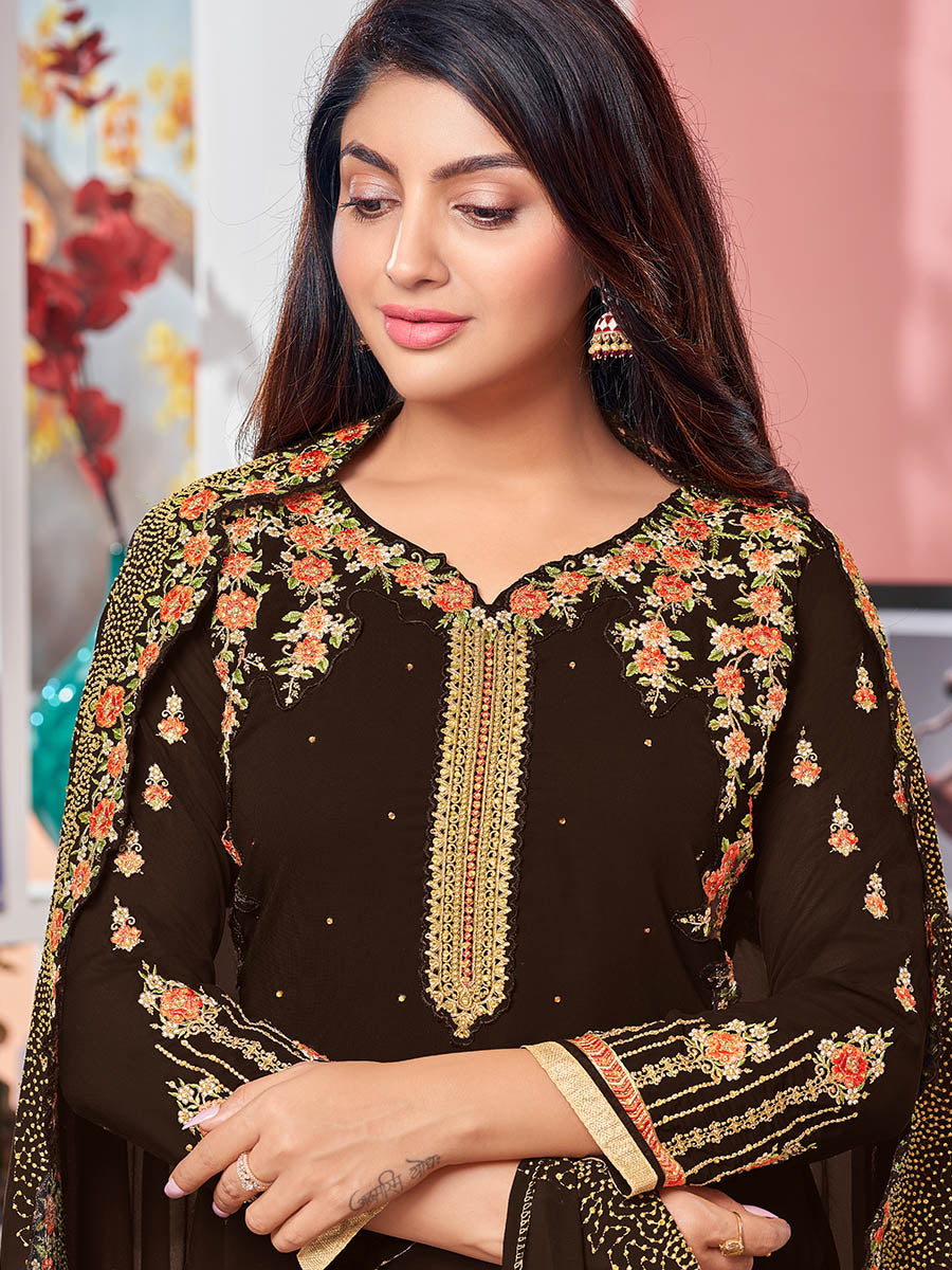 Myra Brown Heavy Faux Georgette Embroidered Churidar Suit