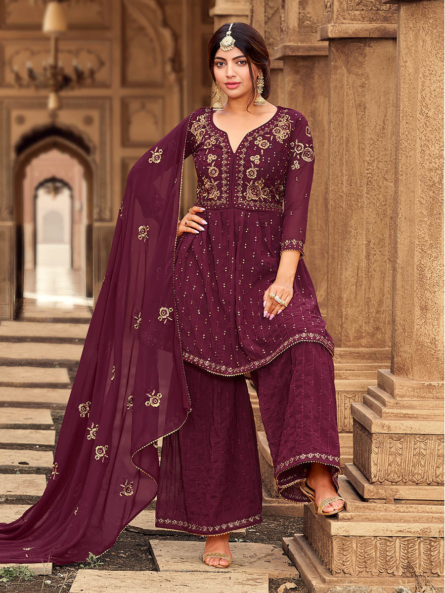 Myra Maroon heavy Georgette Koti Style Embroidered Sharara Suit 