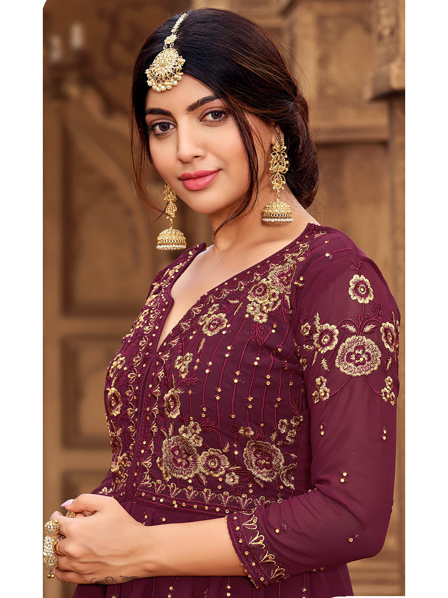 Myra Maroon heavy Georgette Koti Style Embroidered Sharara Suit 