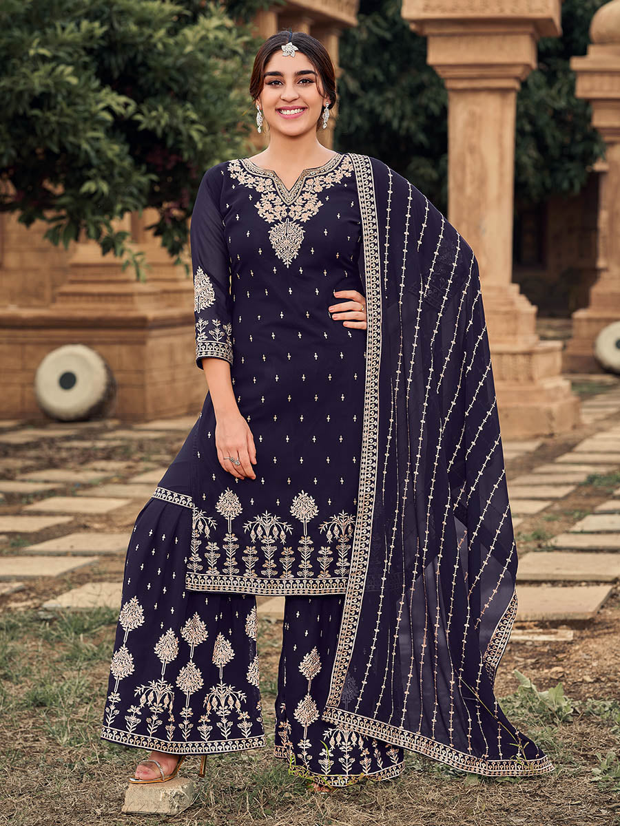 Myra Navy Blue heavy Georgette Koti Style Embroidered Sharara Suit 