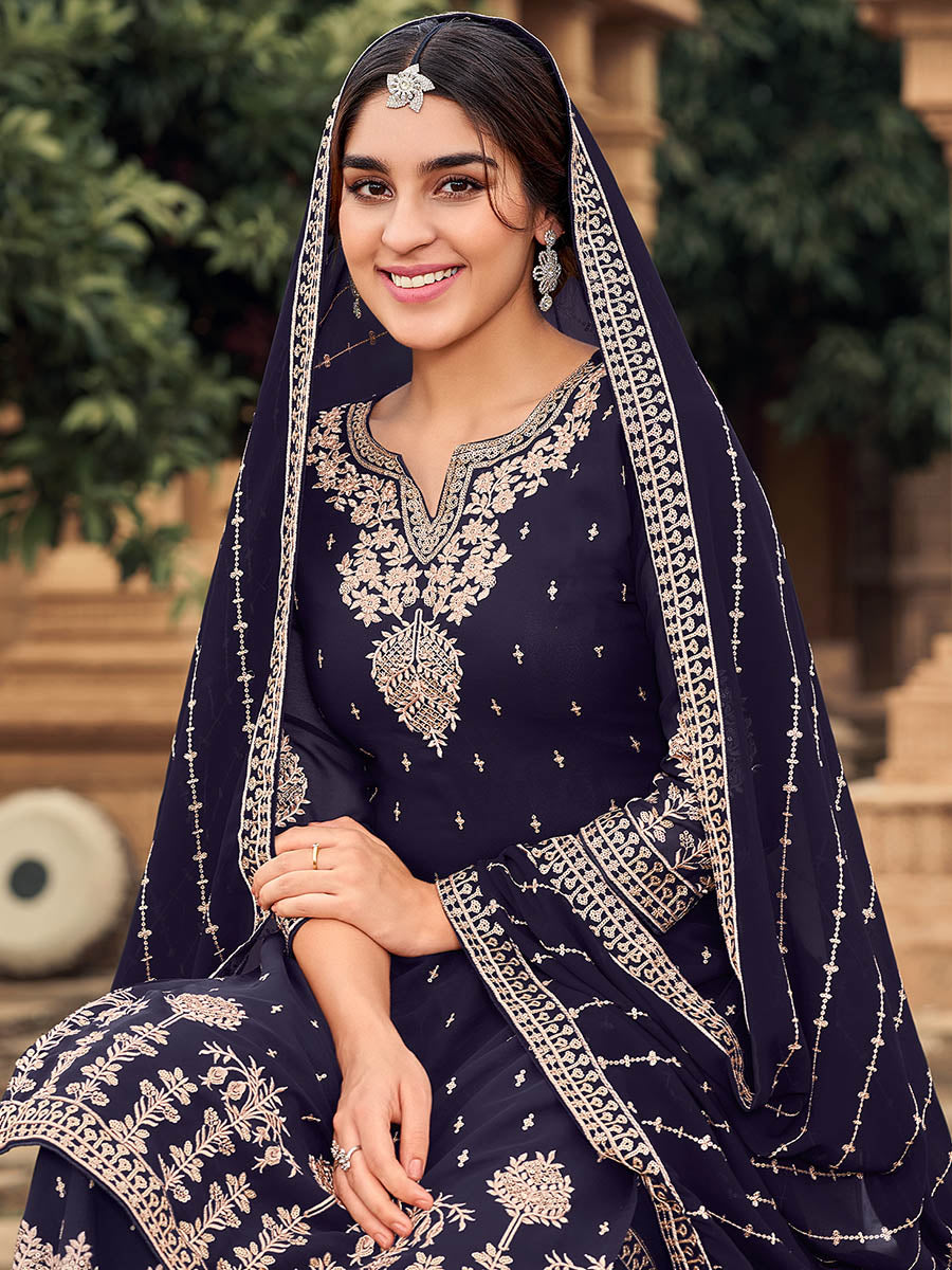 Myra Navy Blue heavy Georgette Koti Style Embroidered Sharara Suit 