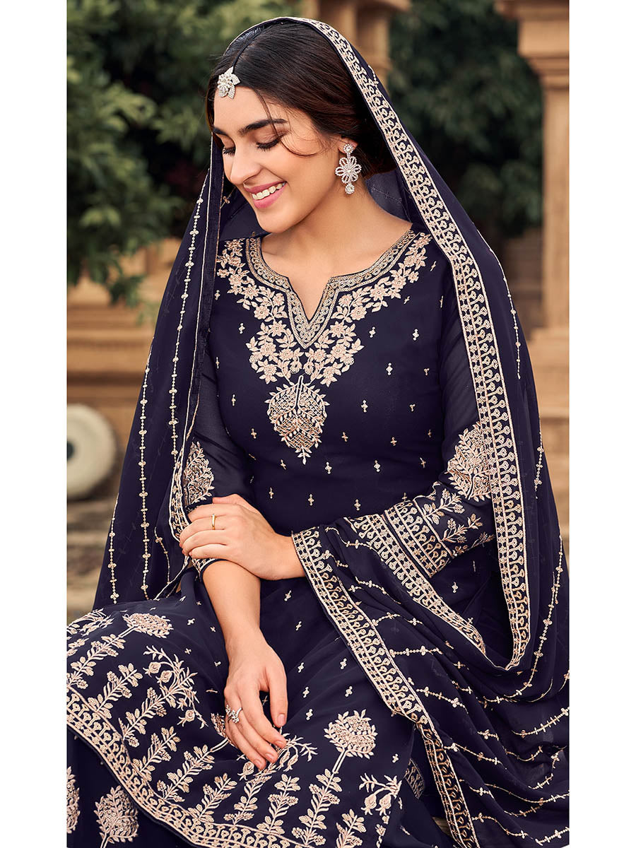 Myra Navy Blue heavy Georgette Koti Style Embroidered Sharara Suit 