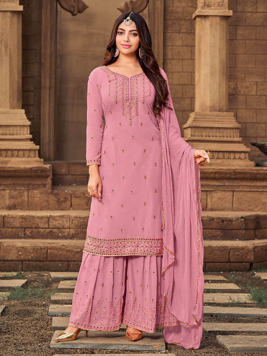 Myra Pink heavy Georgette Embroidered Sharara Suit 
