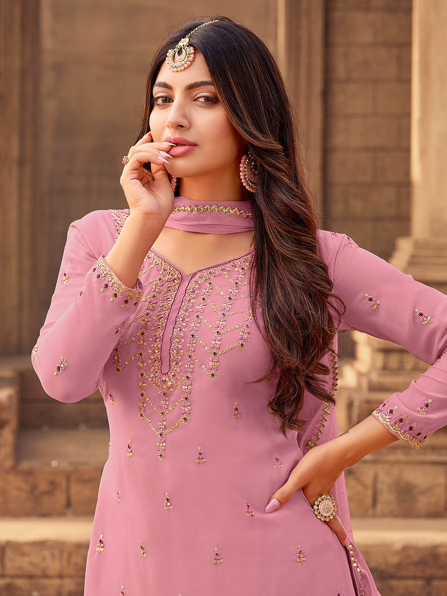 Myra Pink heavy Georgette Embroidered Sharara Suit 