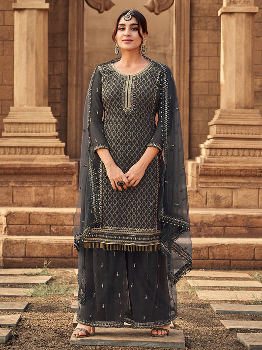 Myra Dusty Grey Heavy Georgette Embroidered Sharara Suit 