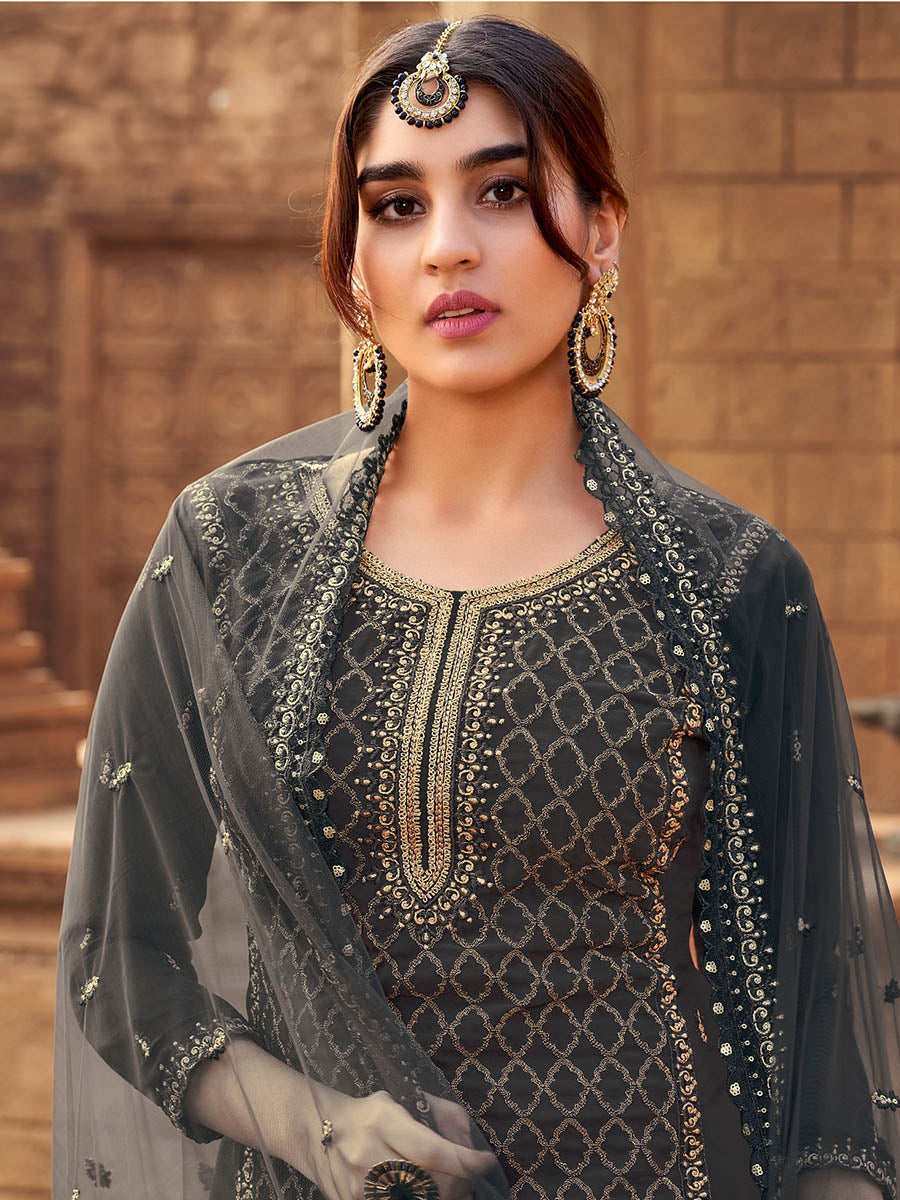 Myra Dusty Grey Heavy Georgette Embroidered Sharara Suit 