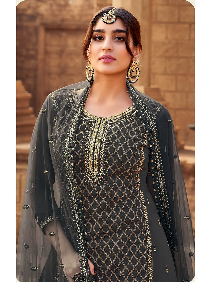 Myra Dusty Grey Heavy Georgette Embroidered Sharara Suit 