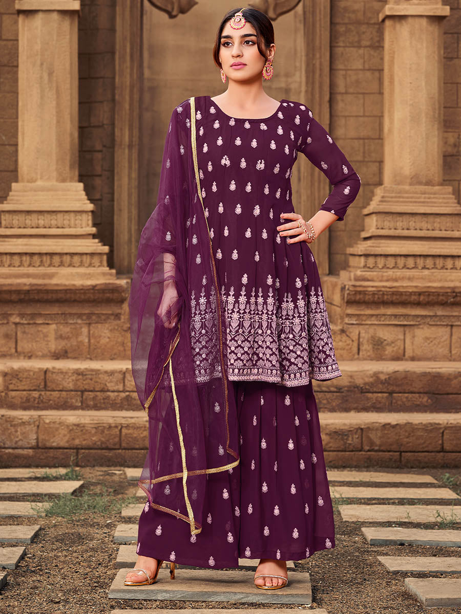 Myra Purple heavy Georgette Koti Style Embroidered Sharara Suit 