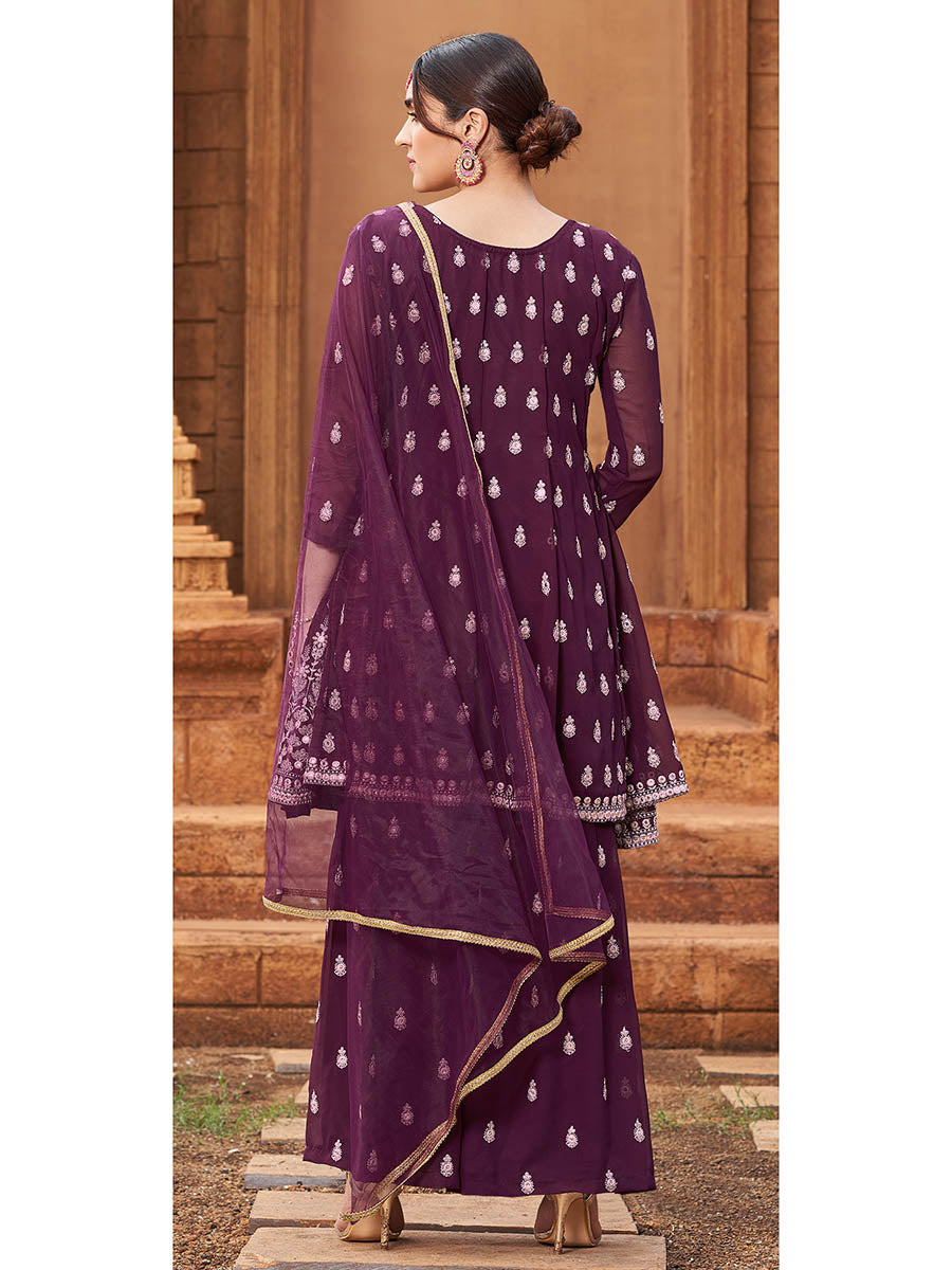 Myra Purple heavy Georgette Koti Style Embroidered Sharara Suit 