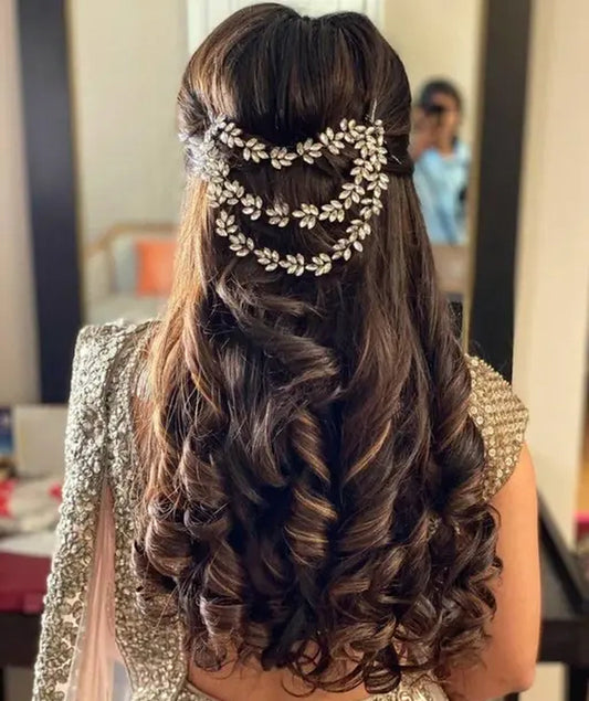 Jewel City Bridal Hair Jewelry Layered Chain Leaf Pattern Hair Accessory Traditional Indian Bridal Hair Ornament Layered Hair Jewelry