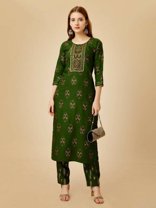 Aastha Fashion Women's Green Viscose Rayon Embroidered Kurta Pant Set - Grab2buy