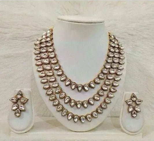 Jewel City Elegant Three-Layer Kundan Crystal Necklace Set | Royal Bridal Wedding Jewelry | Grab2Buy