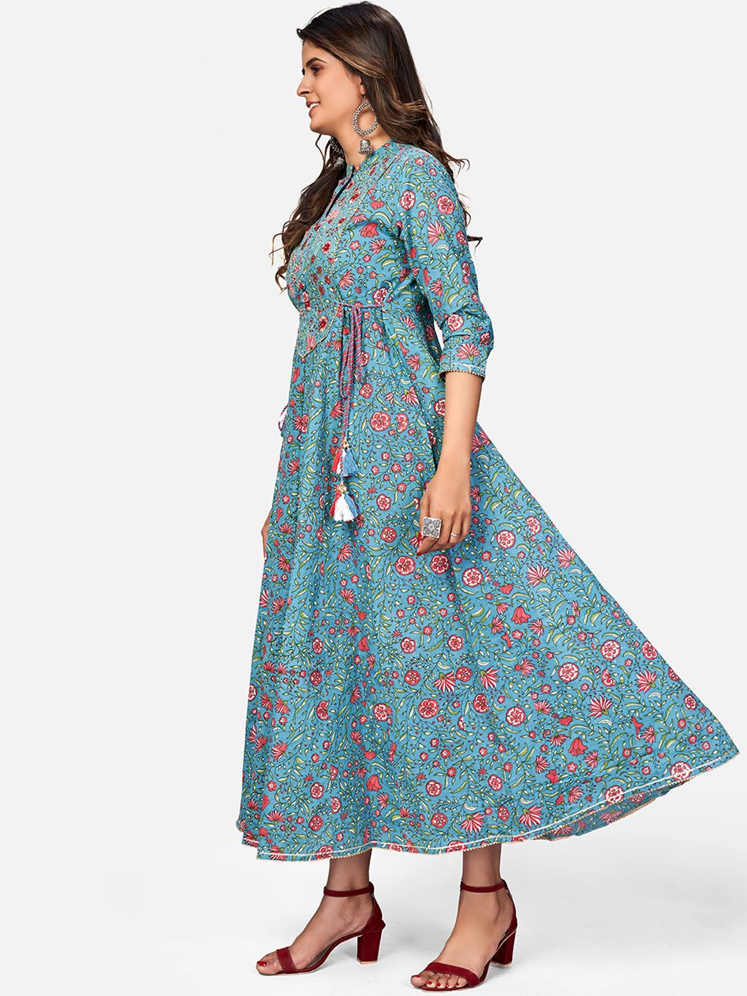 NOZ2TOZ Women's Printed & Embroidered Anarkali Cotton Turquoise Kurta (1Pc) 