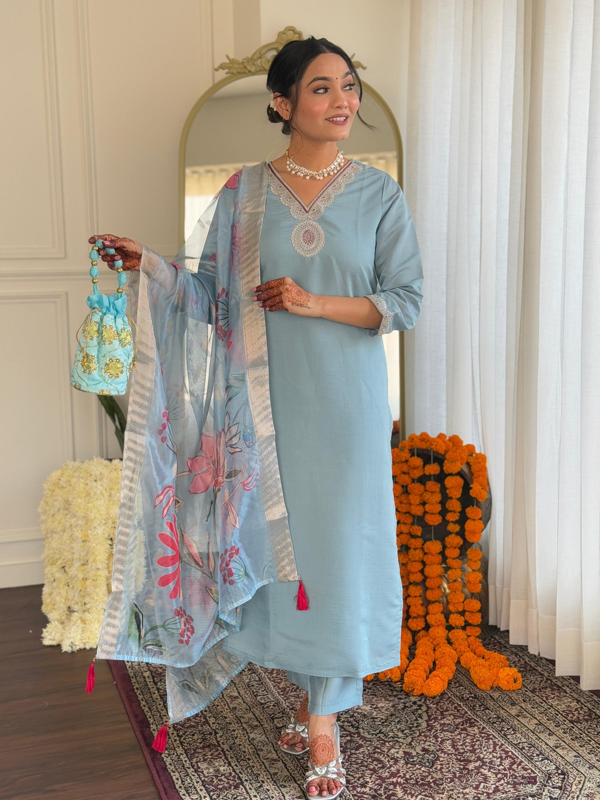 Teeya Creation Light Sky Color Roman Silk Embroidery Work Fully Stitched Kurti Set