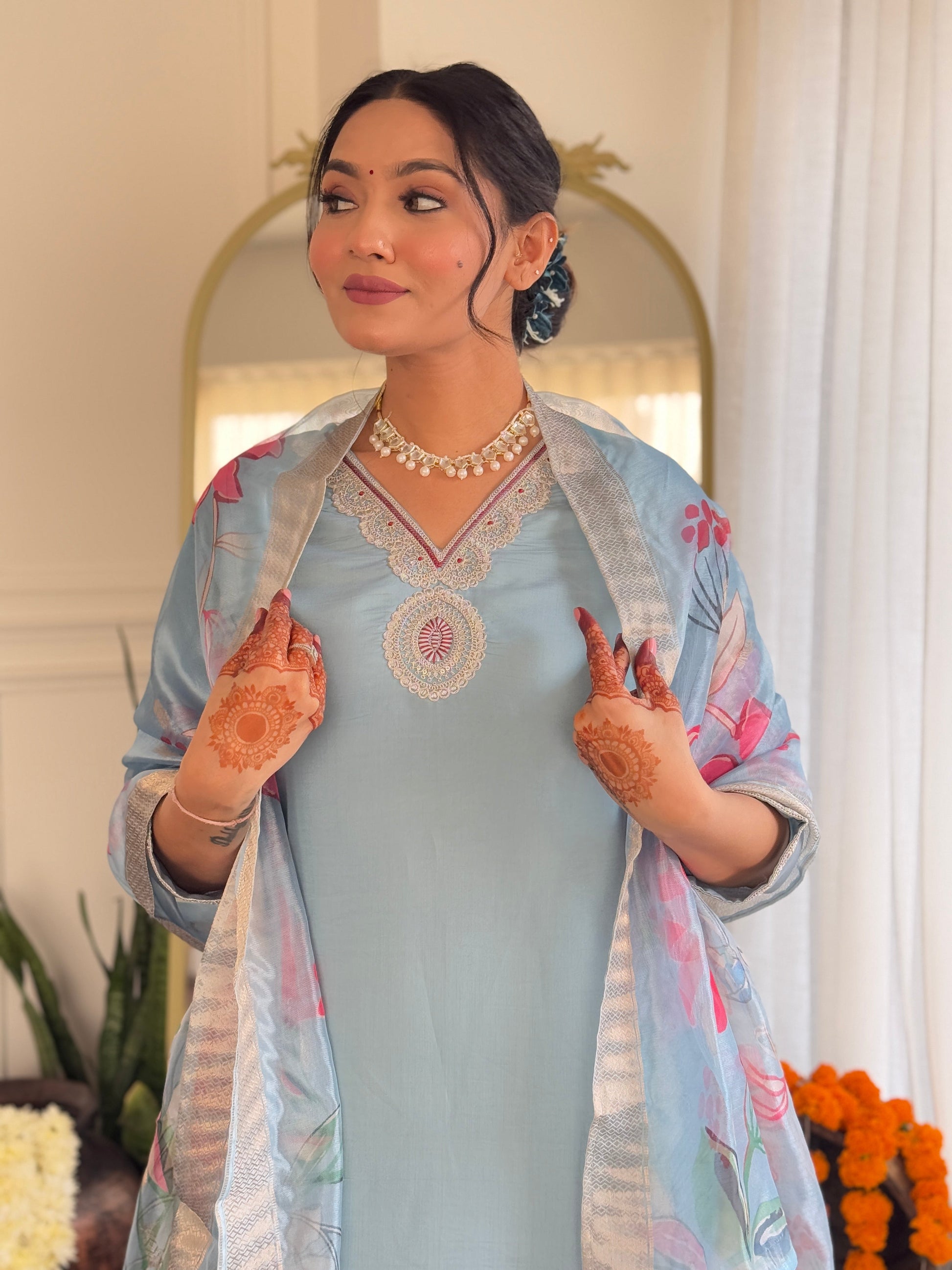 Teeya Creation Light Sky Color Roman Silk Embroidery Work Fully Stitched Kurti Set
