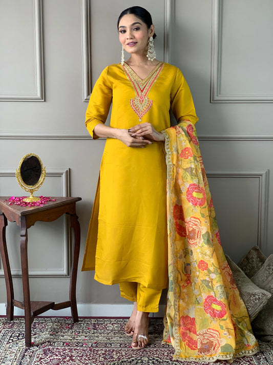 Teeya Creation Yellow Color Chanderi Silk Embroidery Work Fully Stitched Kurti Set
