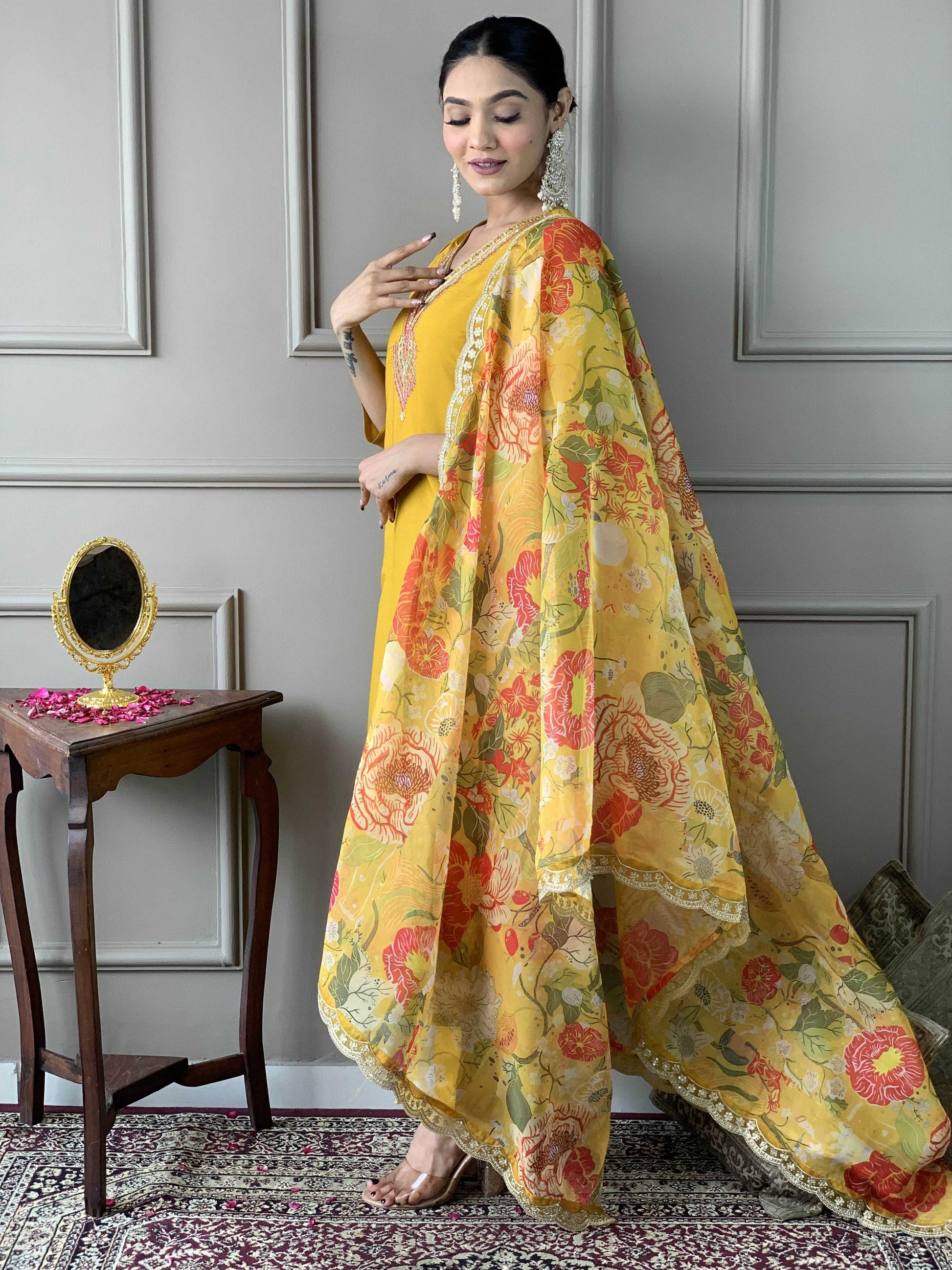 Teeya Creation Yellow Color Chanderi Silk Embroidery Work Fully Stitched Kurti Set