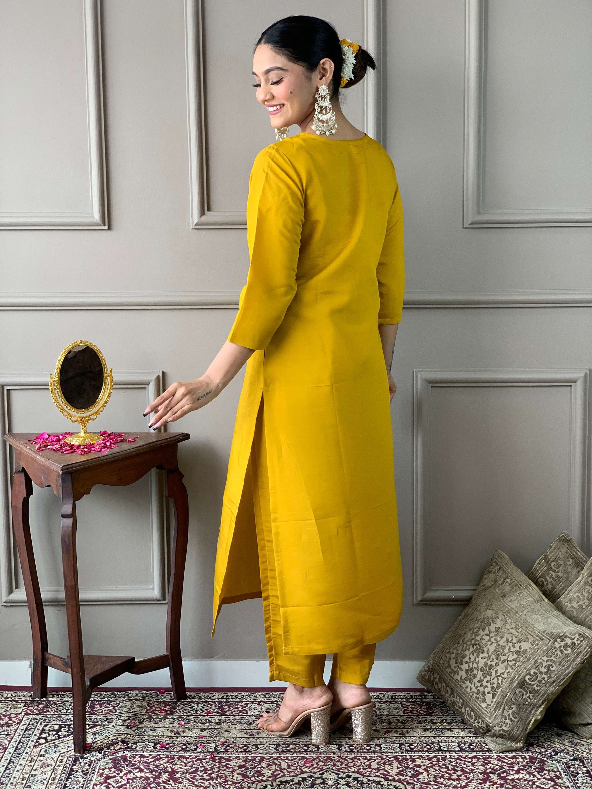 Teeya Creation Yellow Color Chanderi Silk Embroidery Work Fully Stitched Kurti Set