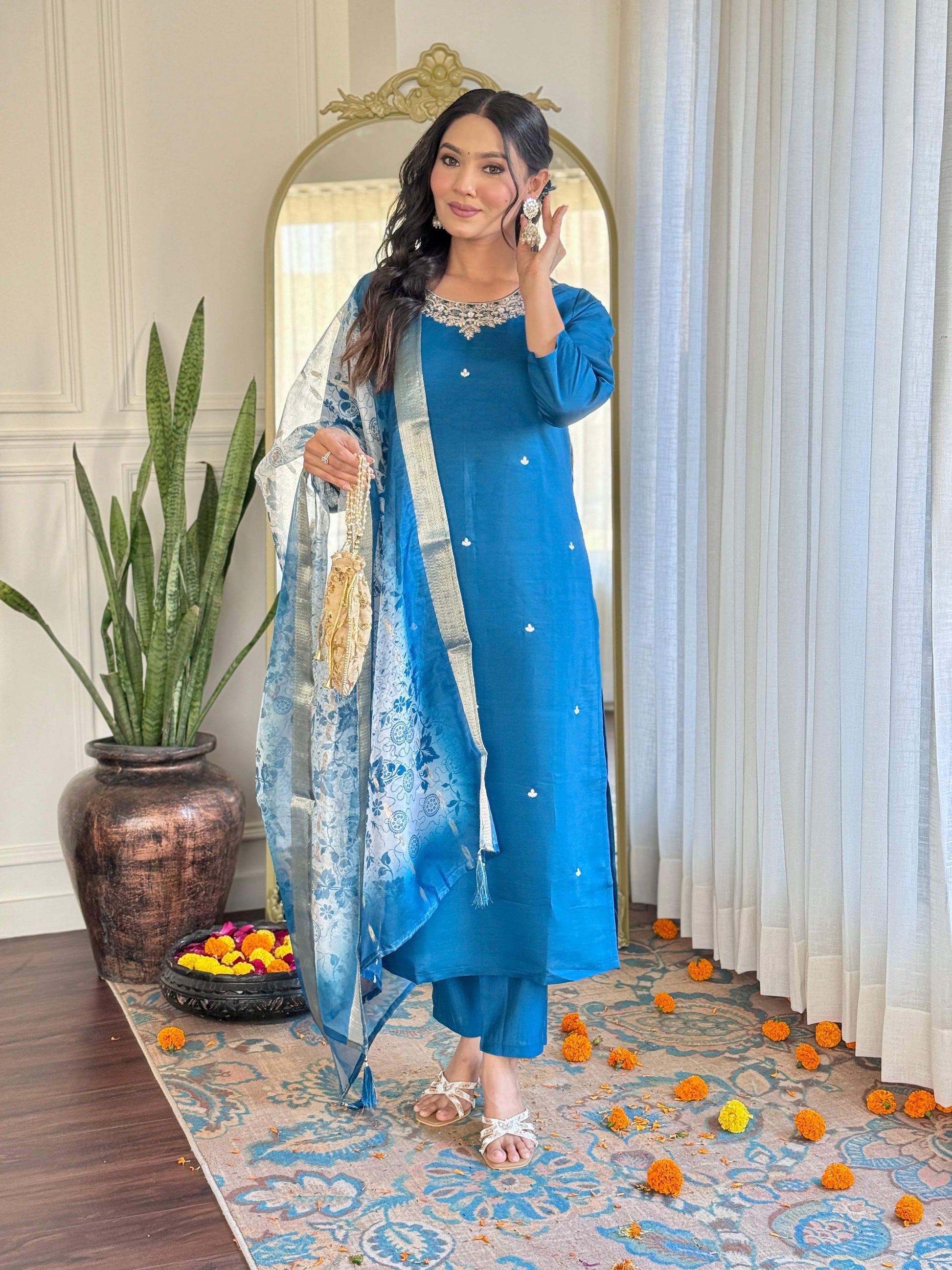 Teeya Creation Blue Color Roman Silk Embroidery Work Fully Stitched Kurti Set
