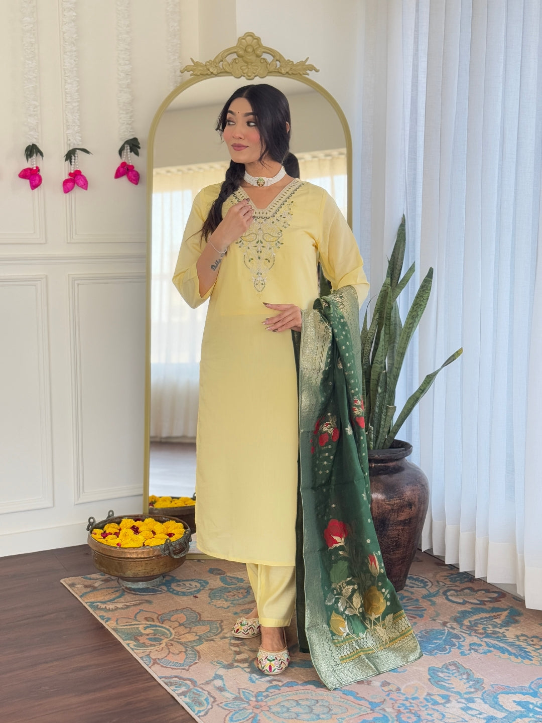 Teeya Creation Light Yellow Color Viscose Chanderi Embroidery Work Fully Stitched Kurti Set