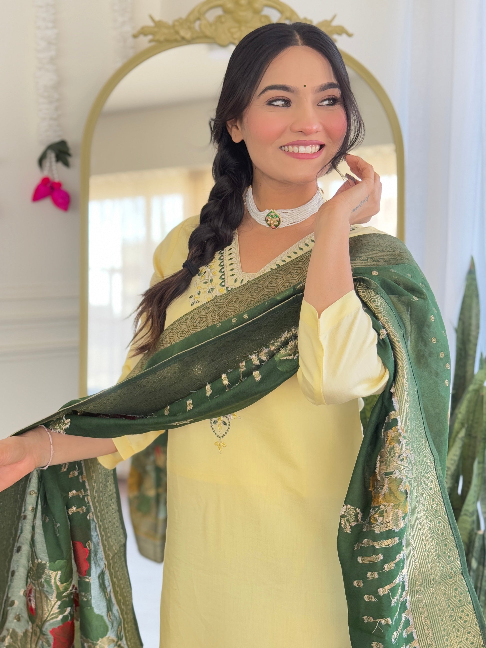 Teeya Creation Light Yellow Color Viscose Chanderi Embroidery Work Fully Stitched Kurti Set