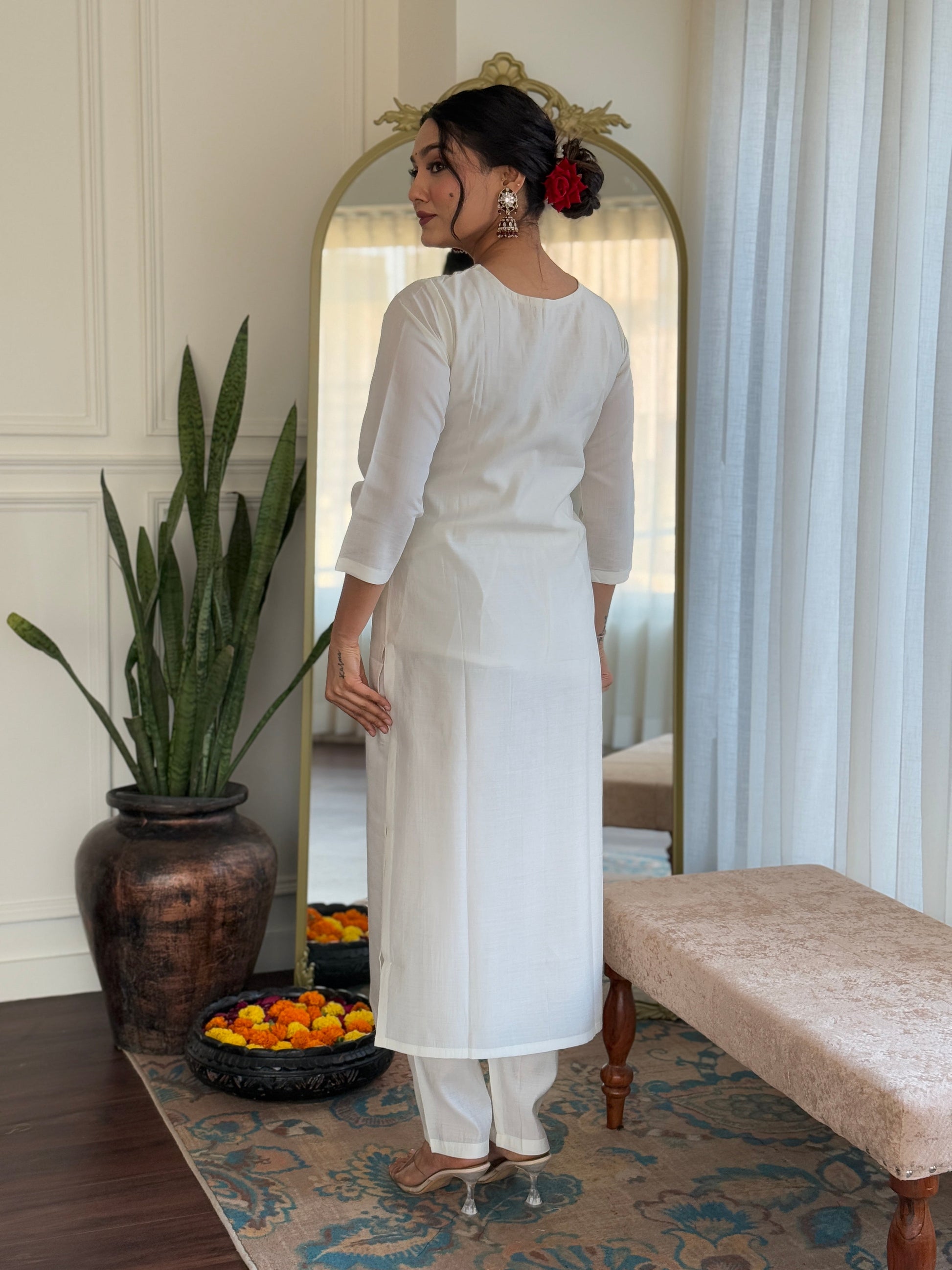 Teeya Creation White Color Roman Silk Embroidery Work Fully Stitched Kurti Set