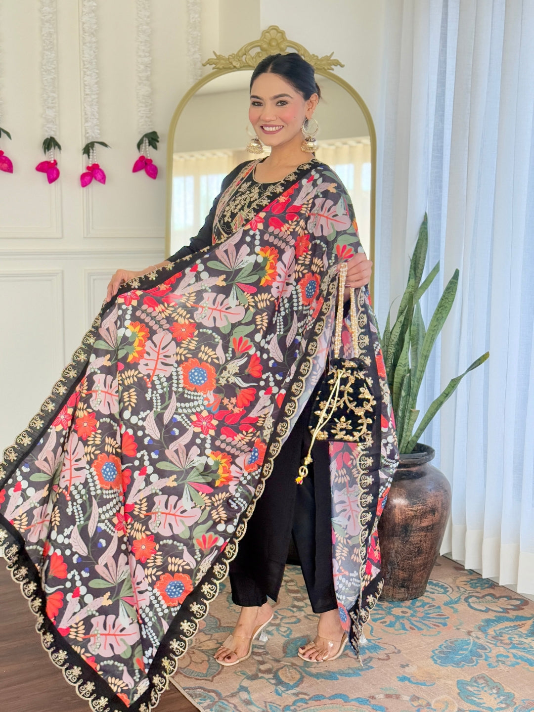 Teeya Creation Black Color Viscose Chanderi Embroidery Work Fully Stitched Kurti Set