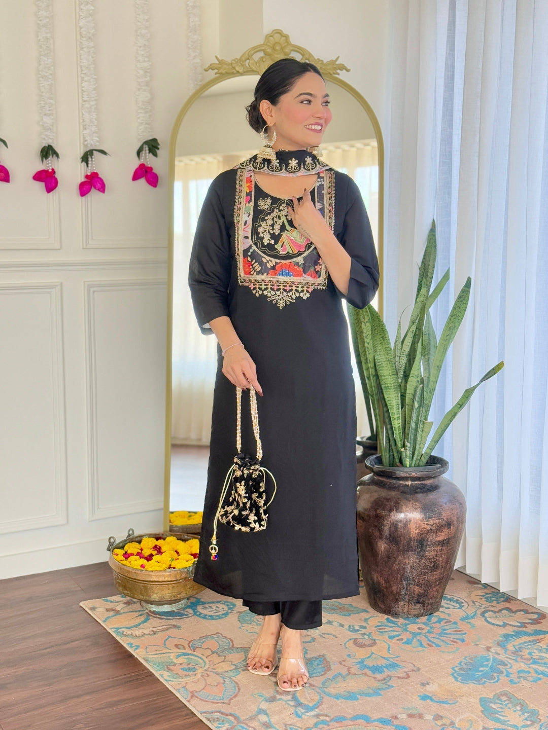 Teeya Creation Black Color Viscose Chanderi Embroidery Work Fully Stitched Kurti Set