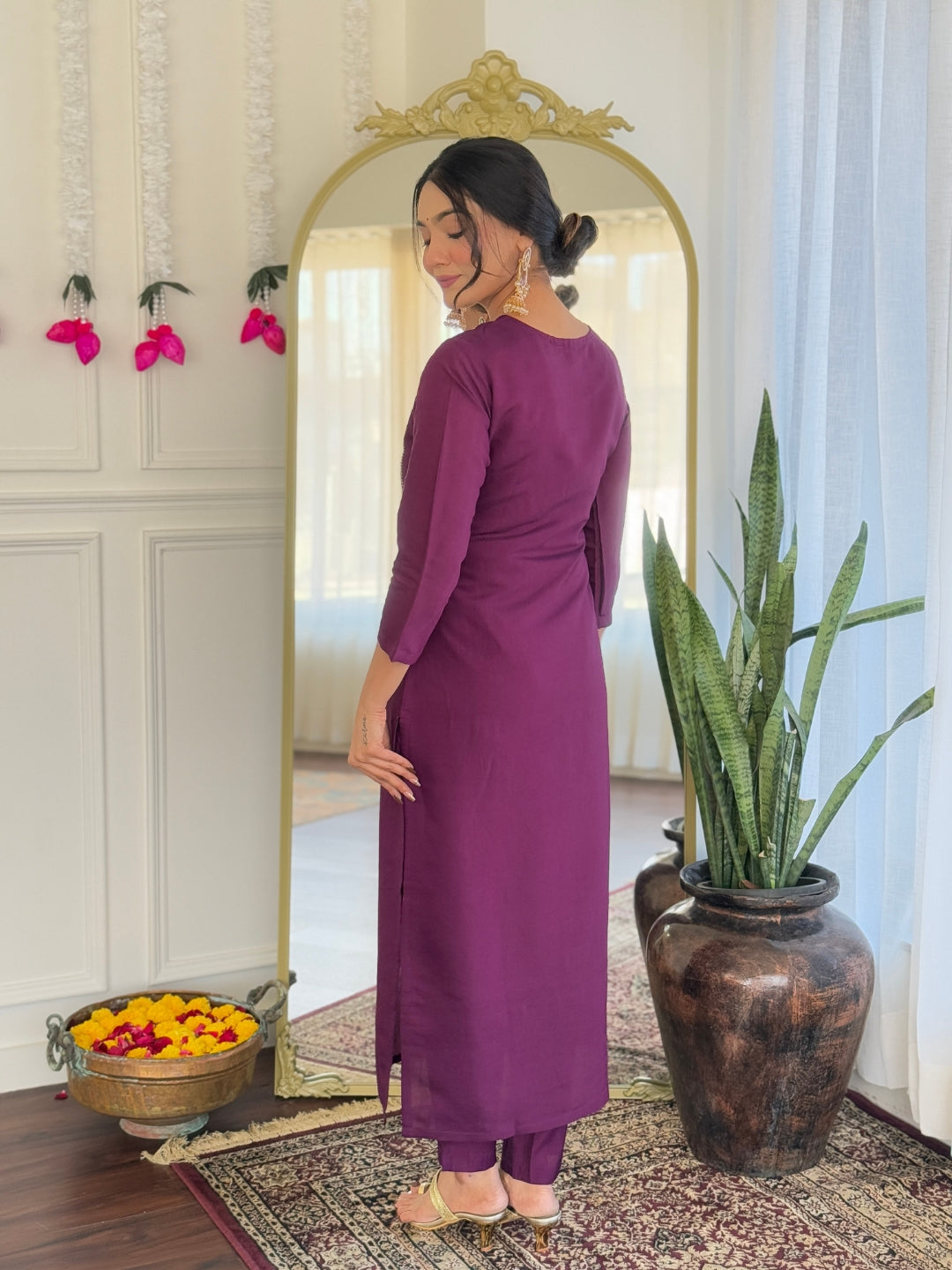 Teeya Creation Wine Color Viscose Chanderi Embroidery Work Fully Stitched Kurti Set