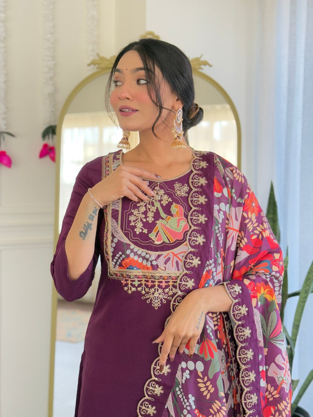 Teeya Creation Wine Color Viscose Chanderi Embroidery Work Fully Stitched Kurti Set