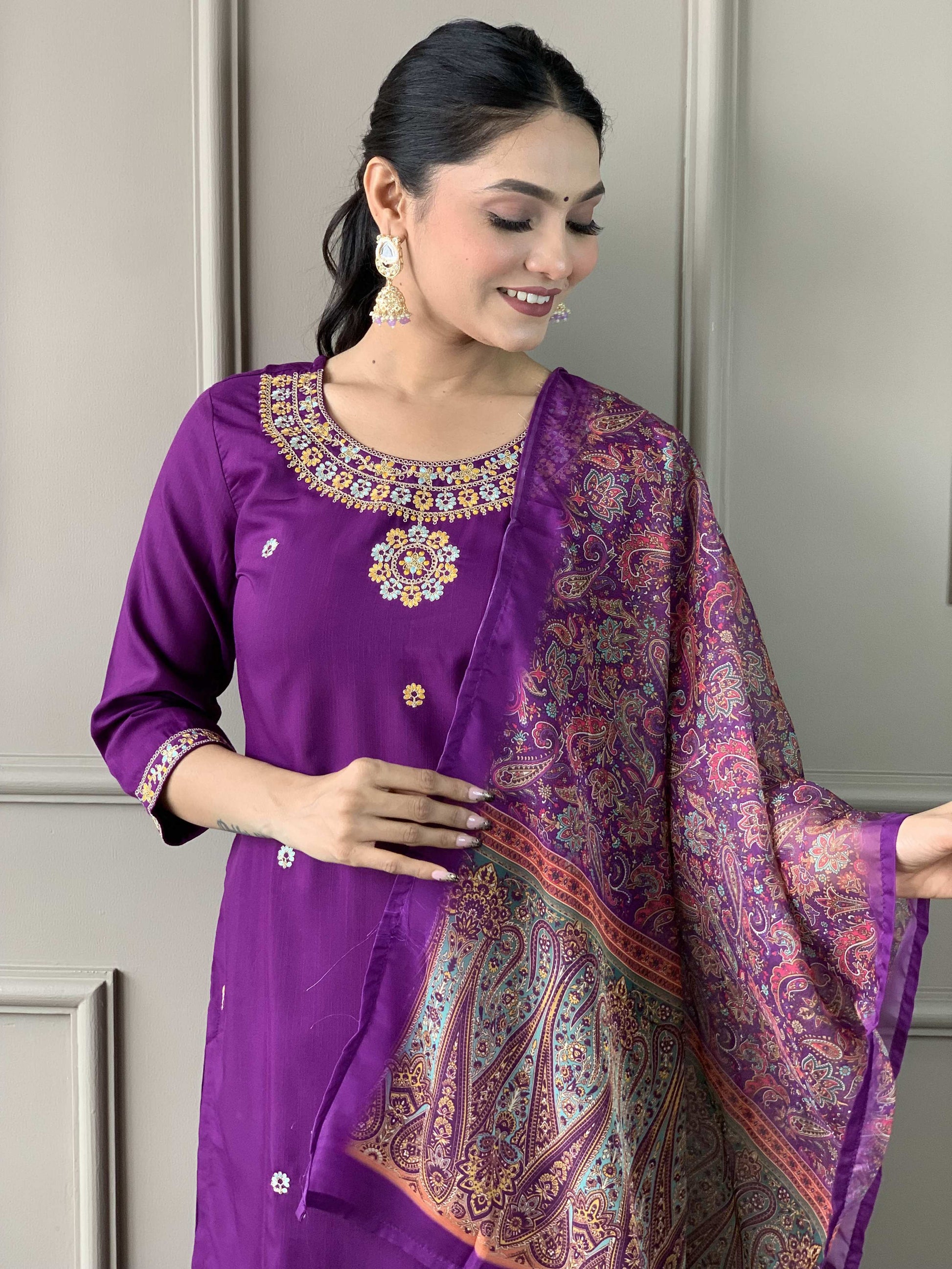 Teeya Creation Purple Color Rayon Slub Embroidery Work Fully Stitched Kurti Set