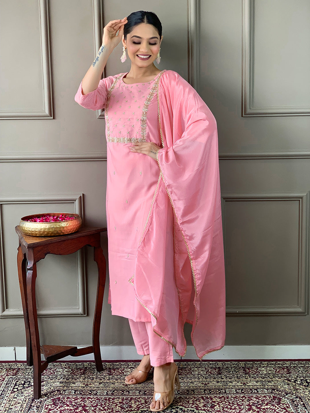 Teeya Creation Baby Pink Color Rayon Slub Embroidery Work Fully Stitched Kurti Set