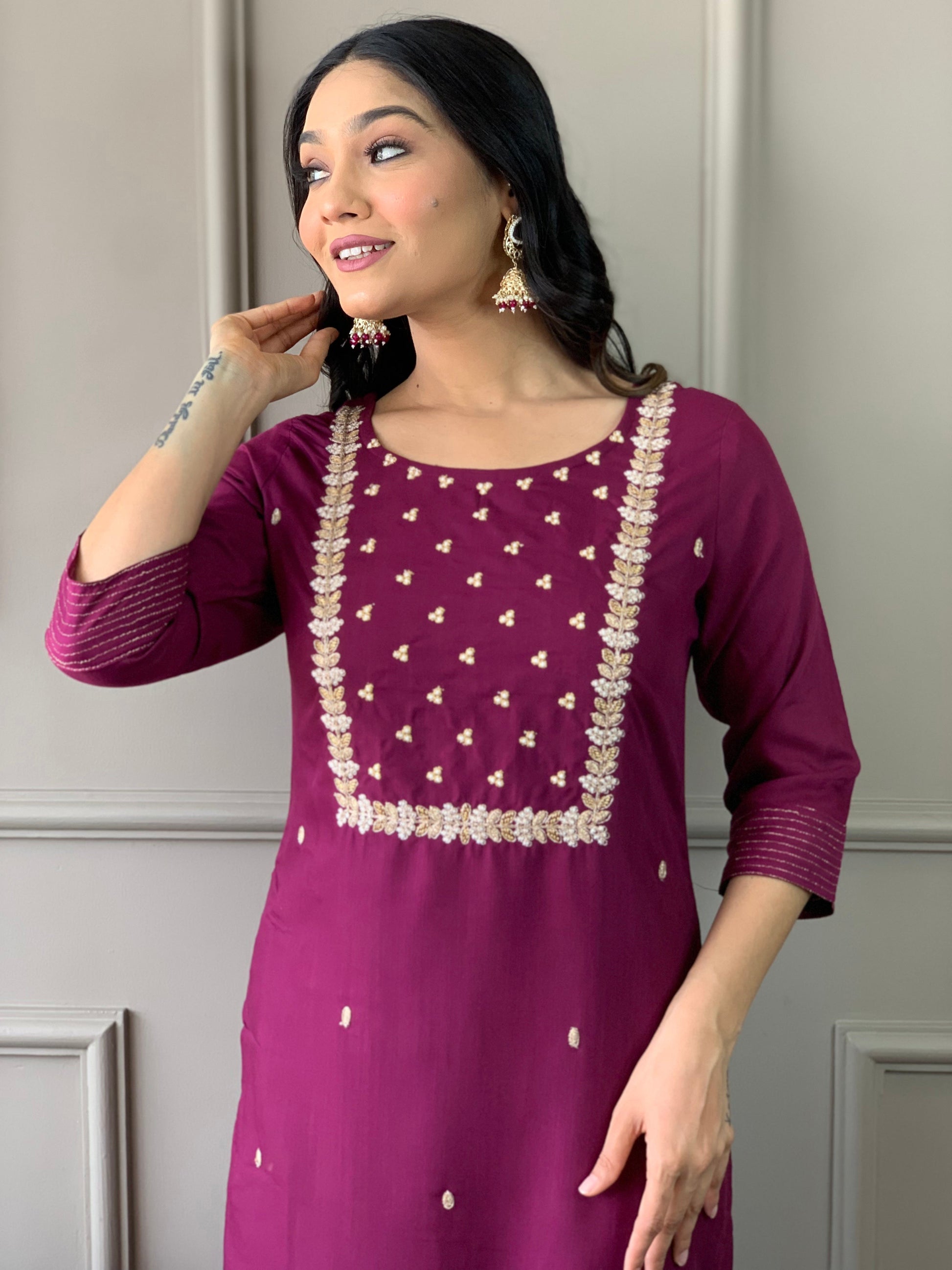 Teeya Creation Wine Color Rayon Slub Embroidery Work Fully Stitched Kurti Set