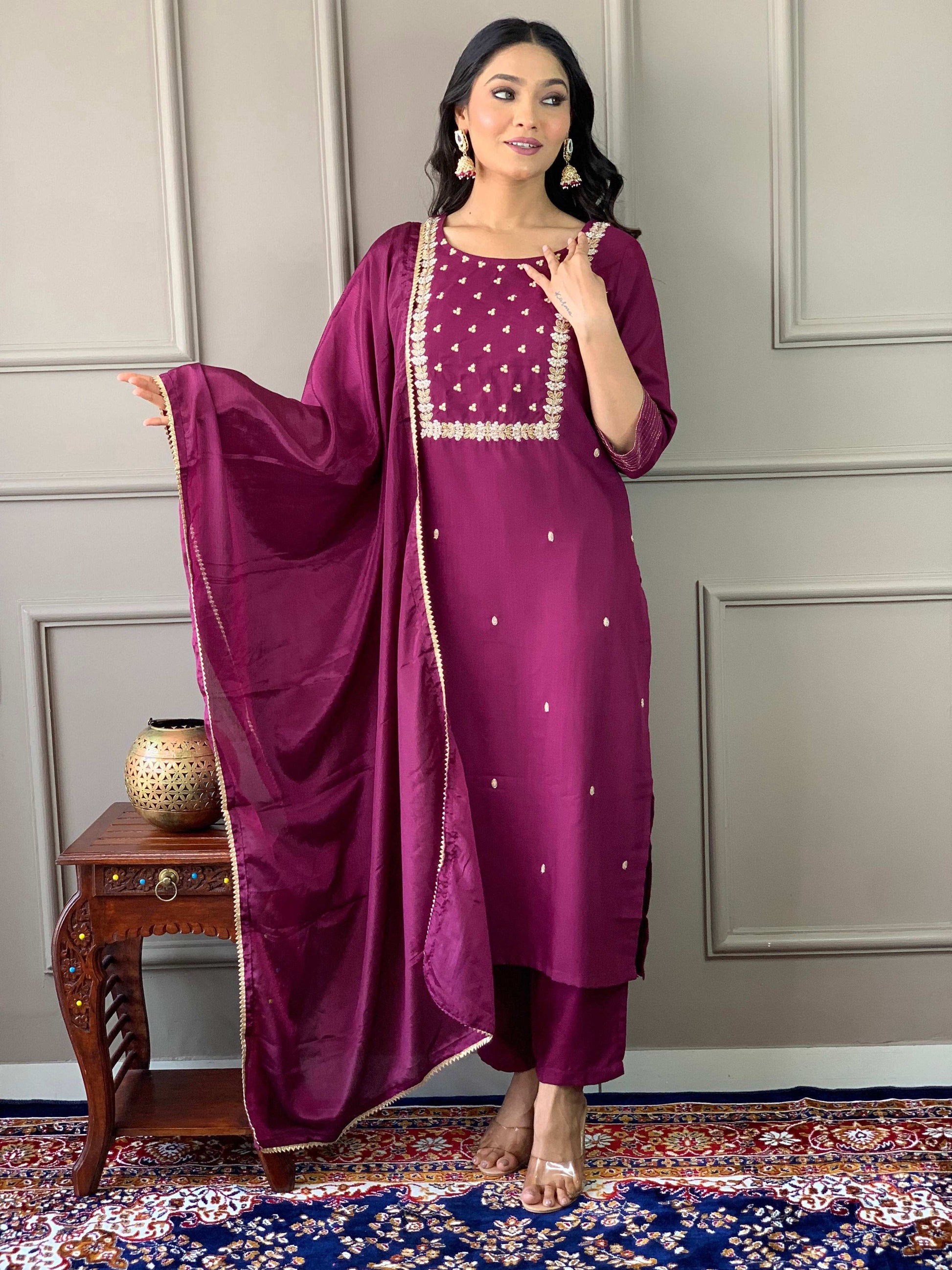 Teeya Creation Wine Color Rayon Slub Embroidery Work Fully Stitched Kurti Set
